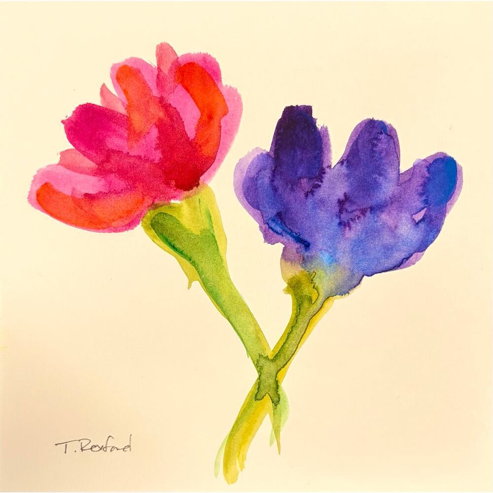Hand painted watercolor original painting red and purple flowers